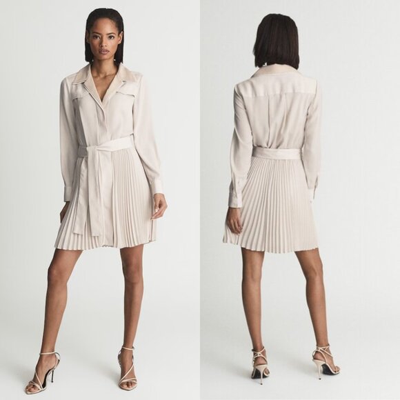 Reiss Alyana Mini Dress In Nude Collared Pleated Skirt Self Tie Belt Sz 6 - Picture 1 of 10